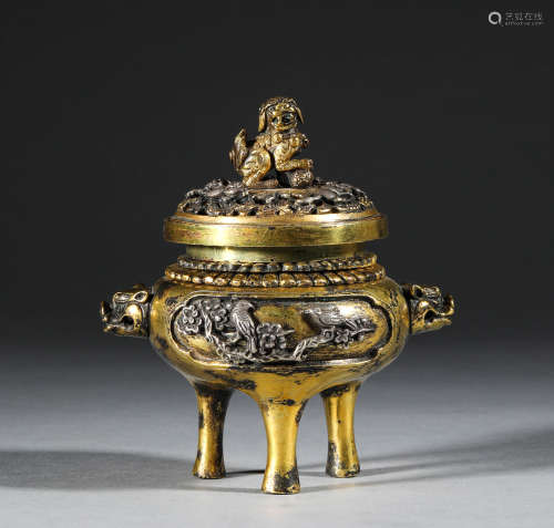 Chinese ancient bronze gilded double ear censer