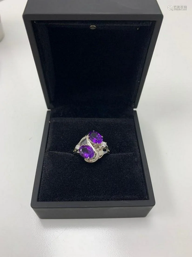 925 Sterling Silver Ring with Double Amethyst Gemstones and ...