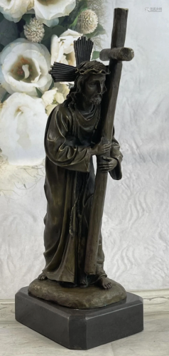 Jesus Christ Forced To Carry Cross Bronze Statue Signed Orig...