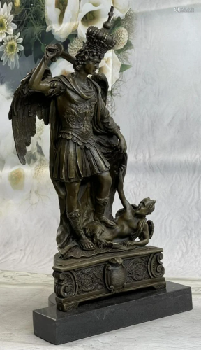 St Michael Slaying Lucifer Singed by P. Roche Bronze Statue