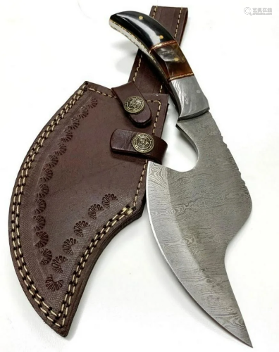 Steel & Inlaid Damascus Chopper Blade With Leather Sheat...