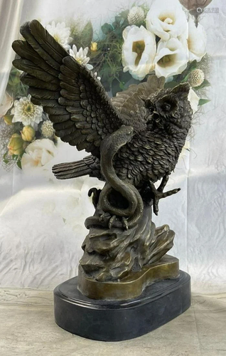 Owl and Snake Bronze Statue Sculpture on Marble Base 15"...