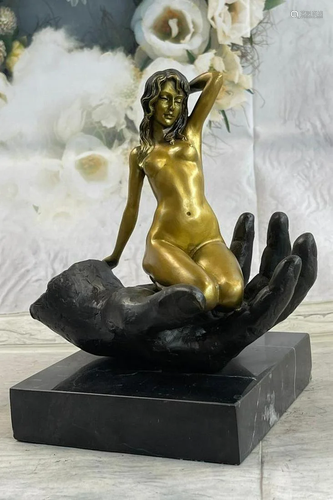 Signed Juno Nude Girl On Hand Bronze Sculpture