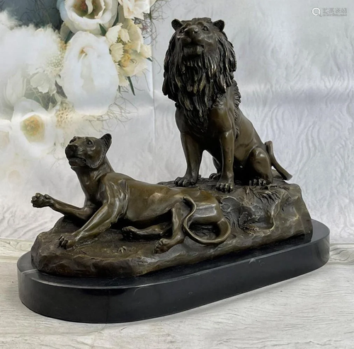 Signed African Lion With Family Bronze Statue