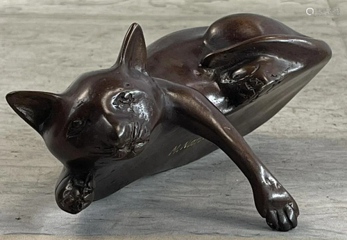 Adorable Original Signed Desk Top Bronze Cat Sculpture