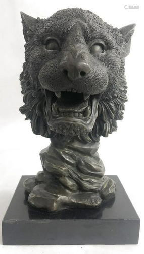 Hot Cast Signed Milo Bronze Royal Lion Head Statue With Marb...