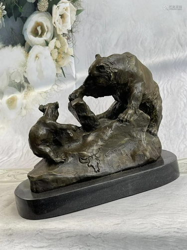 SIGNED BRONZE STATUE MOTHER BEAR PLAYING WITH HER CUB SCULPT...