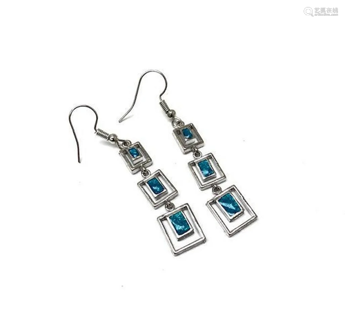 Ladies Dangle Hook Blue Opal Coloured Earrings