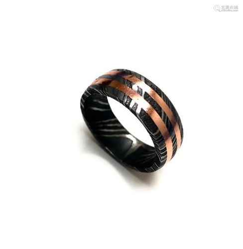 Men's Damascus Steel Ring With Double Banded Rose Gold ...