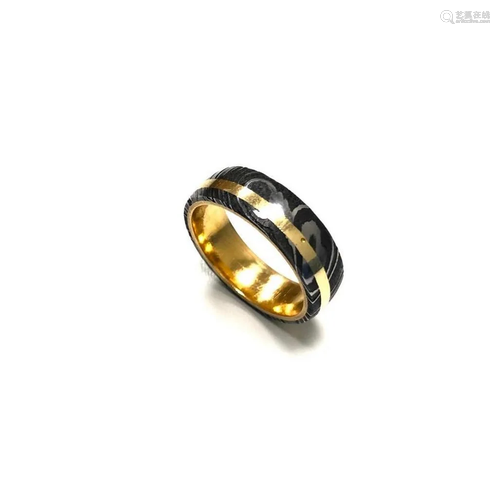 Men's Damascus Steel Wedding Band With Brass Coloured I...