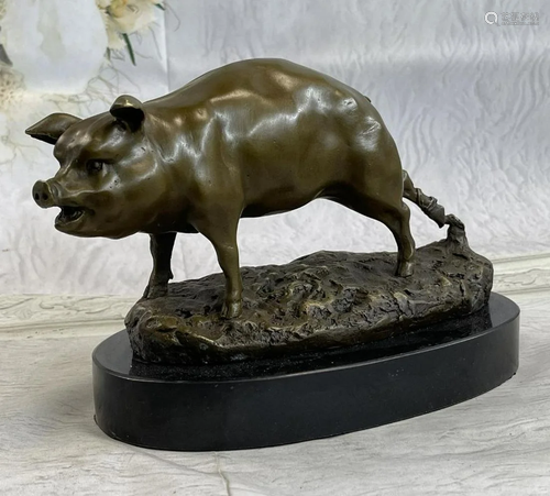 Signed Barye Farm Animal Pet Pig Bronze Marble Base Sculptur...