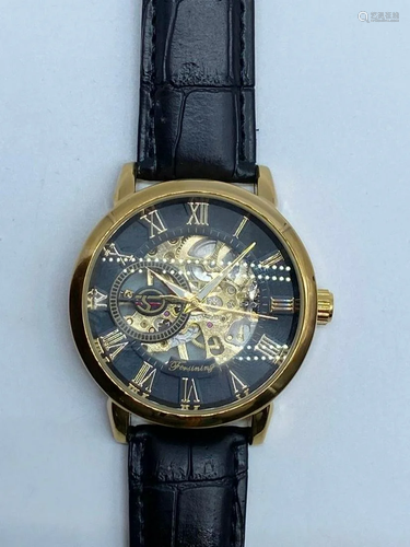 Forsining Mens Black Leather Strap Mechanical Watch