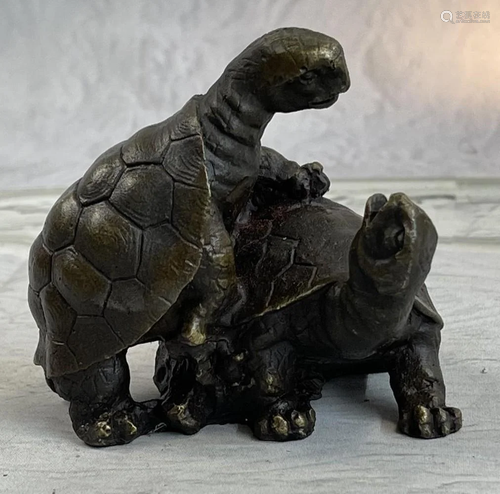 ADORABLE FIGURINE TWO TURTLE SHARING LOVE BRONZE STATUE SCUL...