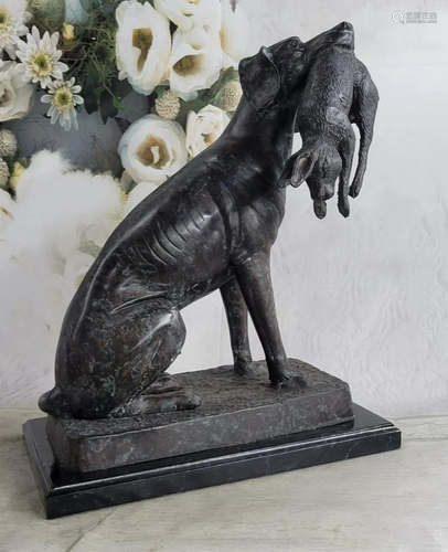 Hunting Dog Retriever w/ Rabbit in Mouth Bronze Statue Sculp...