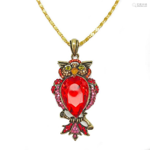 Bejeweled Red Rhinestone Enchanted Owl Pendant Paired With N...