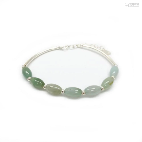 925 Sterling Silver Natural Oval Green Jade Bangle