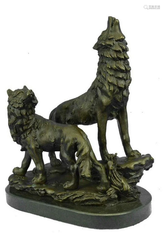 Signed Original Howling Wolf Bronze Sculpture Marble Base St...