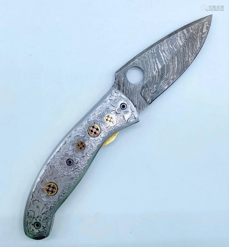 Custom Handmade Floral Damascus Folding Knife