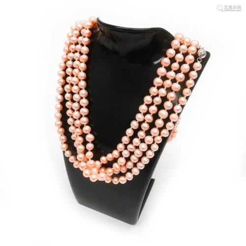 Long 8 Foot Natural Akoya Pink Pearl Strand Necklace