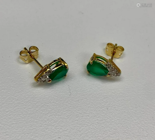 Ladies Green Agate And Crystal Tear-Drop Cut 18 KGP Earrings