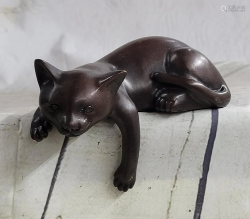 Desktop Cat Bronze Sculpture Figurine Figure Signed Original...