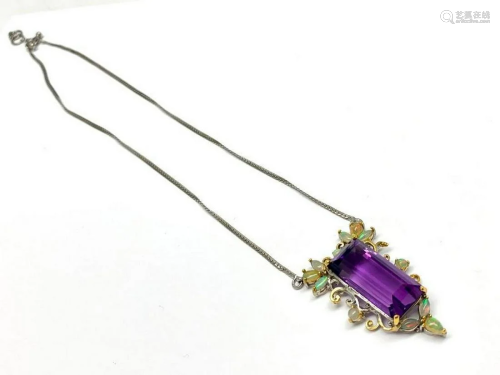 Octagon Faceted Amethyst Crystal Necklace on 925 Sterling Si...
