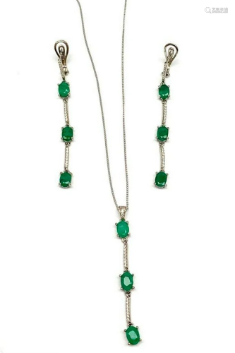 Oval Cut Emerald Necklace and Earring Set on White Gold Plat...