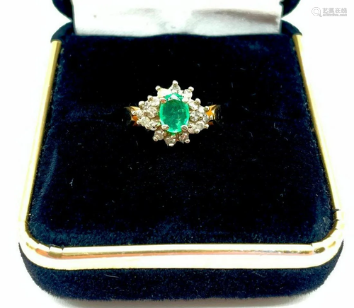 14K Gold Ring set with Oval Cut Emerald & Cubic Zirconia