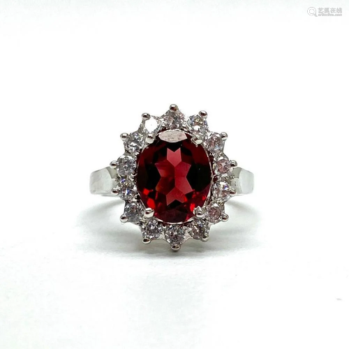 Garnet Gemstone Ring in a Halo Setting Surrounded by Austria...