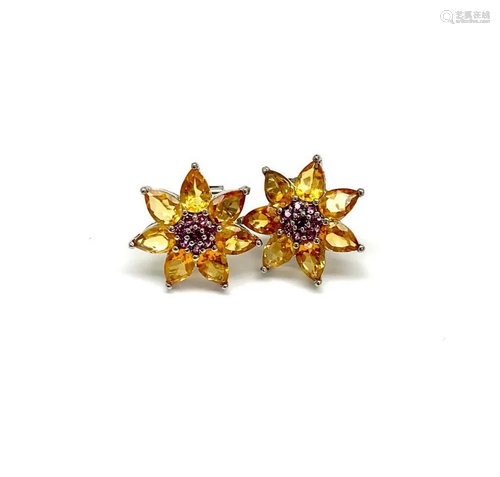 Pear Cut Yellow Tourmaline and Amethyst Flower Stud Earrings