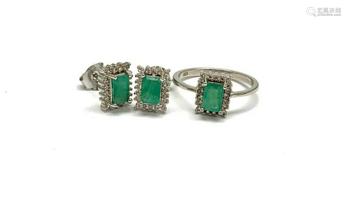 Octagon Faceted Emerald Earrings and Ring Set