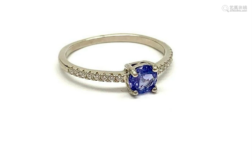 Round Cut Tanzanite Gemstone Ring with a 14k Gold Plated Sil...