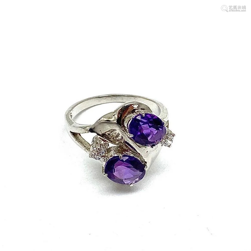 925 Sterling Silver Ring with Double Amethyst Gemstones and ...