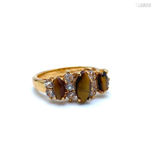 Grand Tiger Eye and Swarovski Crystal 3 Stone Setting Ring