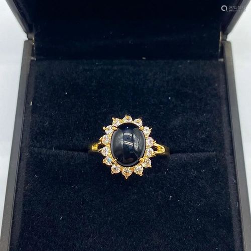 Alluring Onyx and Swarovski Crystal Yellow Gold Ring