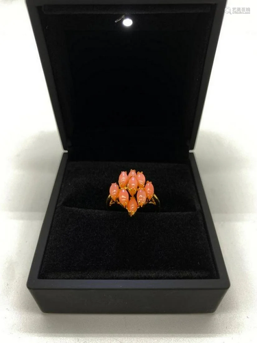 Floating 9 Stone Setting, Coral Stone 18KTGE Yellow Gold Rin...