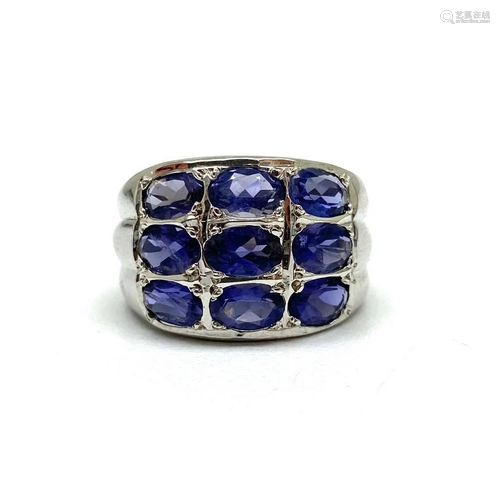 925 Sterling Silver Thick Band with 9 Iolite Gemstones