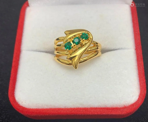 18kt Gold Ring Inset 3 Green Gemstones On A Woven Banded Cro...