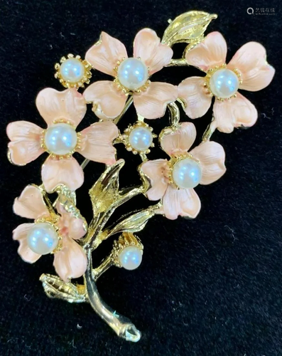 18KTGP Floral Brooch with Inlaid White Pearl Accents with Co...