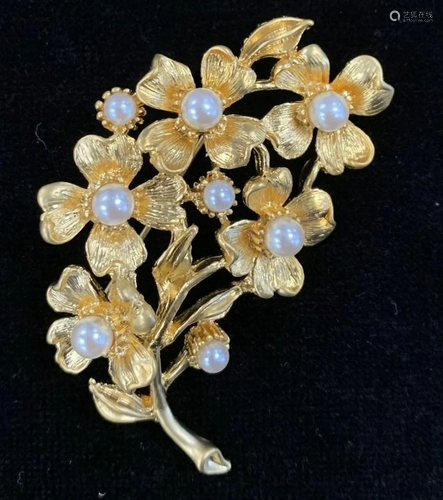 18KTGP Floral Brooch with Inlaid White Pearl Accents with Sa...