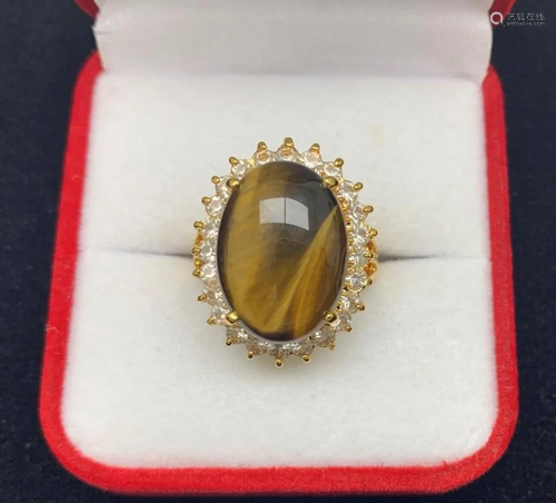 Extravagant Tiger Eye Stone Ring Set in Triangular Austrian ...