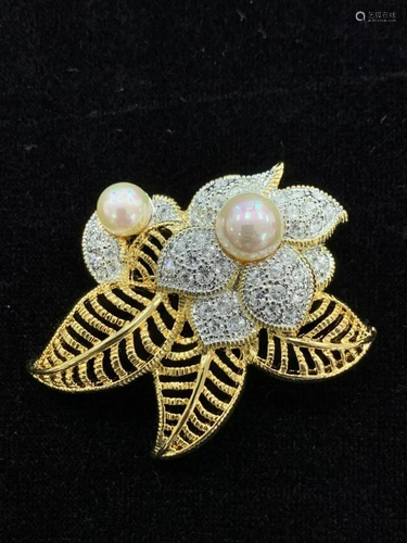 18KTGP Floral Brooch With Inlaid White Pearl Accents & S...