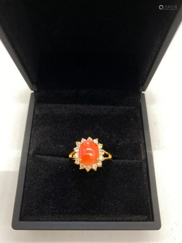 Striking Halo Setting Coral Stone and Swarovski Crystal, 18K...