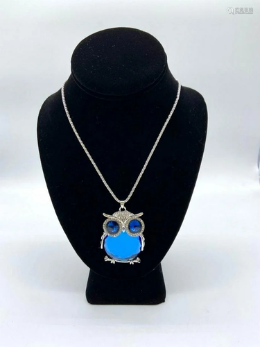 Semi-Precious Blue Stone Owl Pendant On Cuban Chain