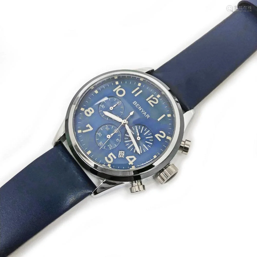 Mens Black Dial Benyar Watch On Genuine Leather Blue Band