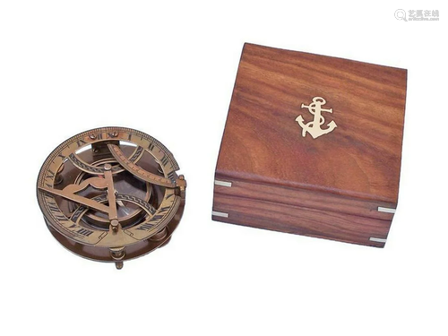 Antique Brass Round Sundial Compass with Rosewood Box 6"...