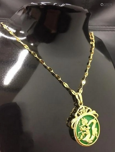 Chinese Carved Green Jade In Gold Dragon Mount Necklace