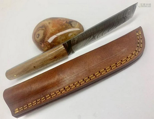 9" Inlaid Bone Handle Damascus Shive With Stitched Leat...