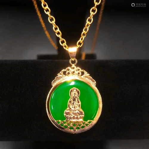 Chinese Green Jade Resting Buddha Paired With An 18 Karat Go...