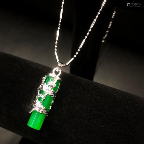 Asian Dragon Jade Cylindrical Pendant On 925 Necklace